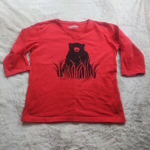 Marushka 3/4 Sleeve V Neck Shirt Women's Large Red Black Bear Graphic Cotton